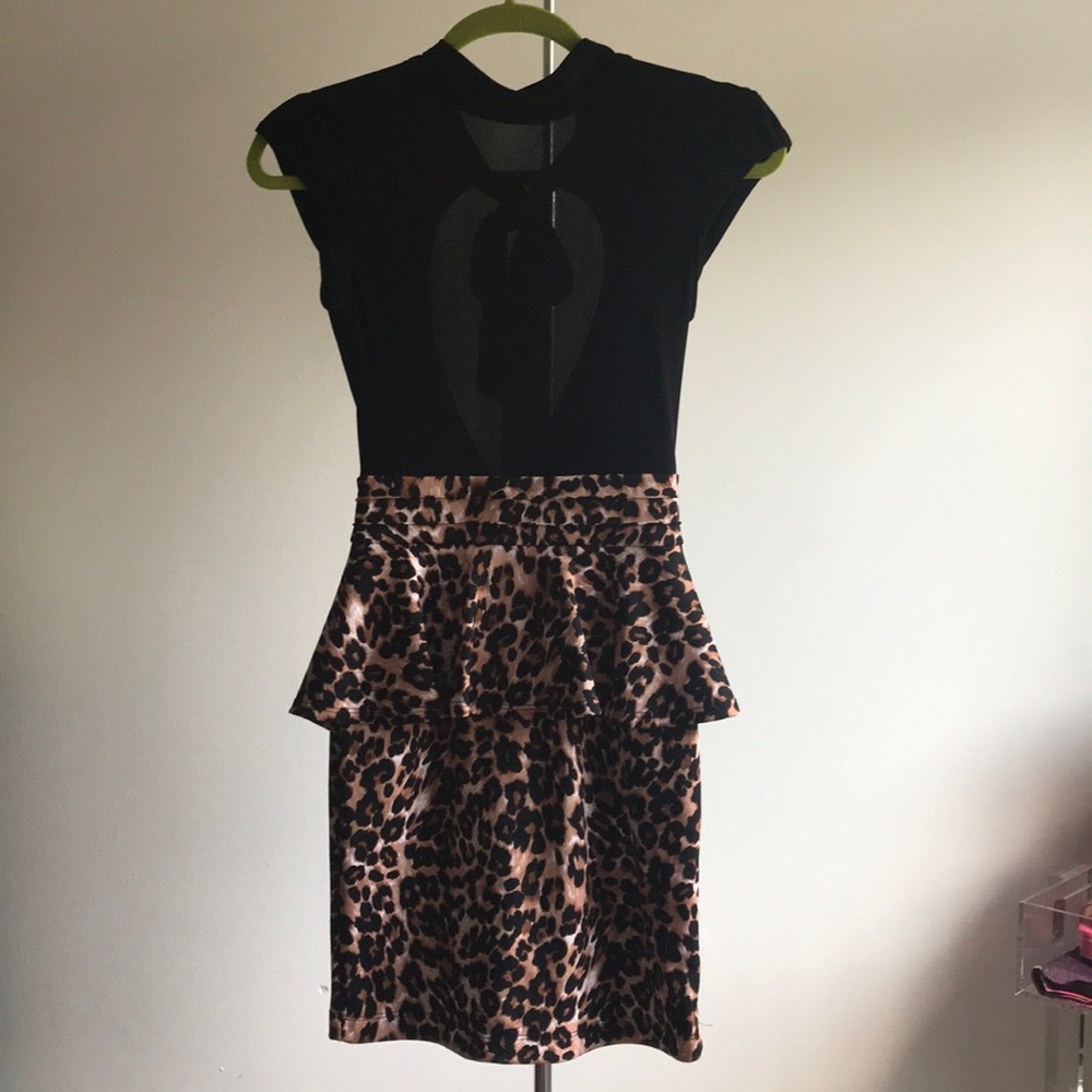EUC Black & Leopard Open Back Peplum Dress SzS
